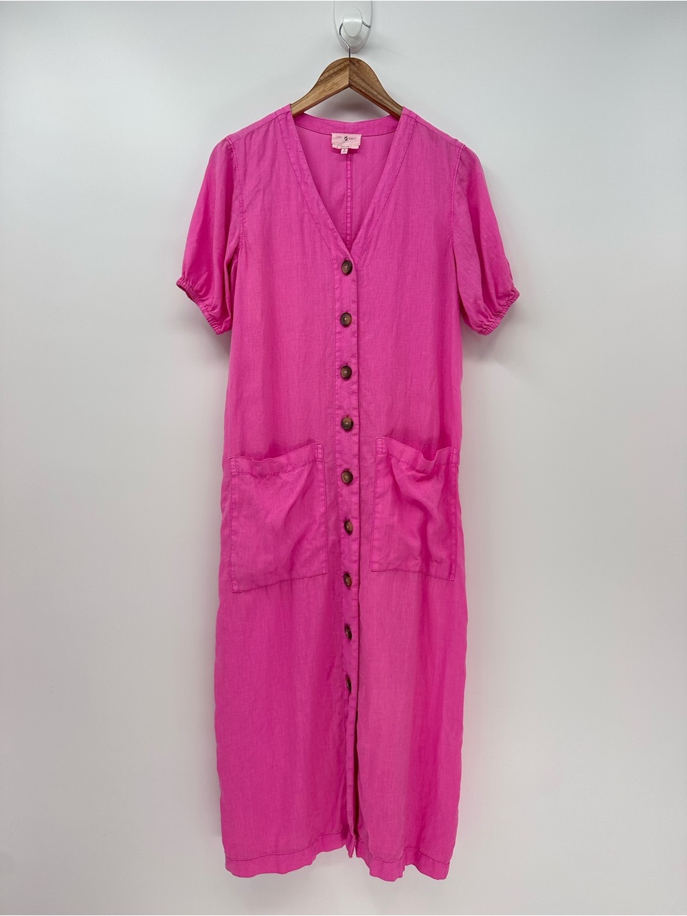 Lou & Grey Pink Linen Puff Sleeve Apron Pocket Maxi Shirt Dress Size S